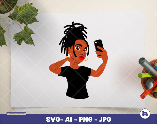 Dreadlocks Woman Selfie | Digital PNG - Ai - SVG - JPG | Instant Download | svg, printable, african american svg,black woman svg,afro lady - The Clipart House