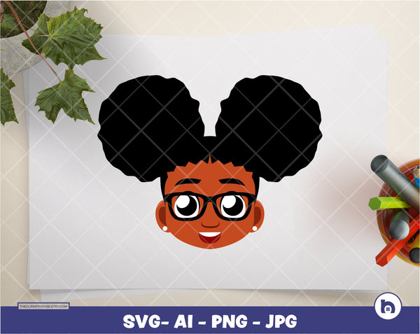 Black Kid Girl Glasses | Digital PNG - Ai - SVG - JPG | Instant Download | Cricut, svg, black kid svg, afro kid, happy kid, afro bun svg