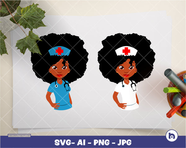 Black Woman Afro Nurse | Digital PNG - Ai - SVG - JPG | Instant Download | black nurse, svg, printable, african american svg,black woman svg