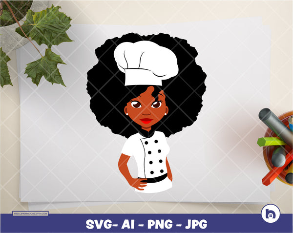 Black Woman Chef | Digital PNG - Ai - SVG - JPG | Instant Download | afro chef svg, afro woman svg, cook svg, black chef svg, chef hat svg