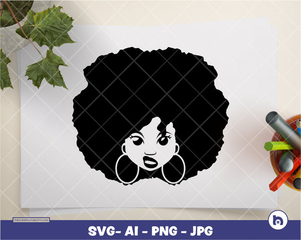 Afro Smirk Silhouette 2 | Digital PNG - Ai - SVG - JPG | Instant Download | smirk svg, african american svg, black woman svg, afro lady svg