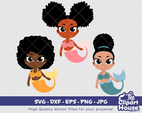 Cute Kid Mermaid | Digital SVG - DXF - EPS - png - Jpg | Instant Download | Cute Kid, Mermaid svg,Mermaid clipart,black mermaid princess