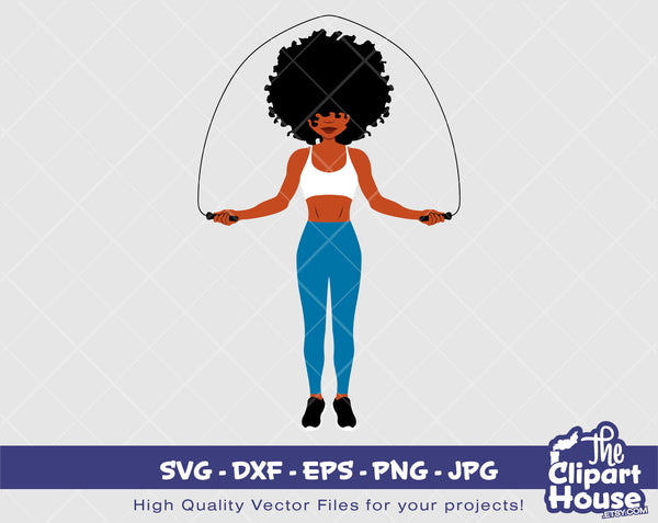 Afro Fitness Skipping Rope | Digital SVG - DXF - EPS - png - Jpg | Instant Download | afro svg, fitness svg,black woman svg,black dancer svg