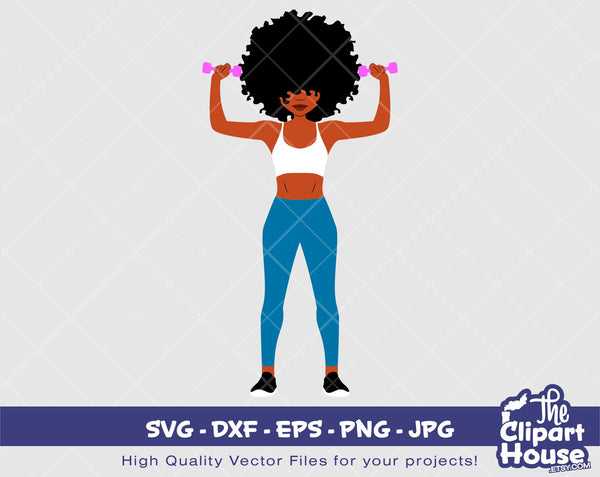 Afro Fitness Dumbell | Digital SVG - DXF - EPS - png - Jpg | Instant Download | afro svg, fitness svg, black woman svg, black dancer svg