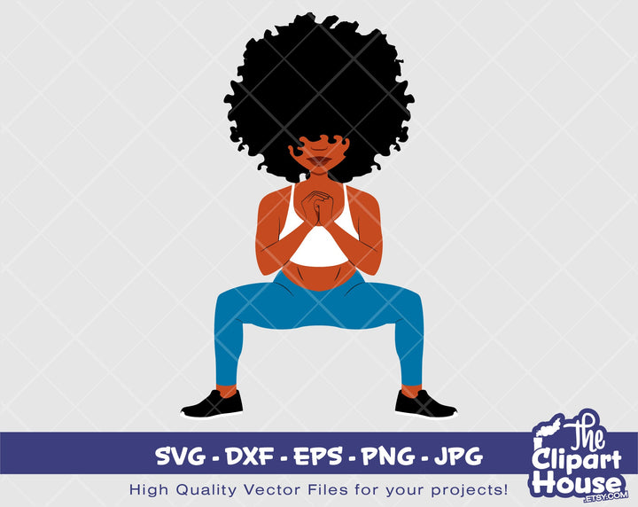 Afro Fitness Squat | Digital SVG - DXF - EPS - png - Jpg | Instant Download | afro svg, fitness svg,black woman svg,black dancer svg - The Clipart House