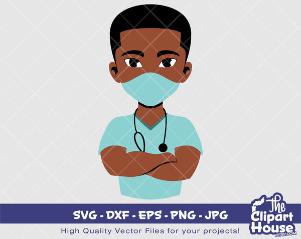 Masked Black Male Nurse 3 | Digital SVG - DXF - EPS - png - Jpg | Instant Download | black nurse,african american, black man svg, doctor svg