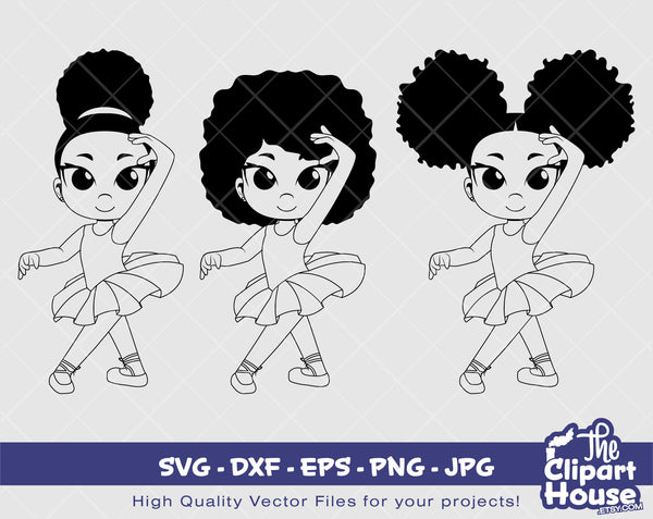 Cute Kid Girl Ballerina Silhouette | Digital SVG - DXF - EPS - png - Jpg | Instant Download | african american svg, black kid svg,afro child