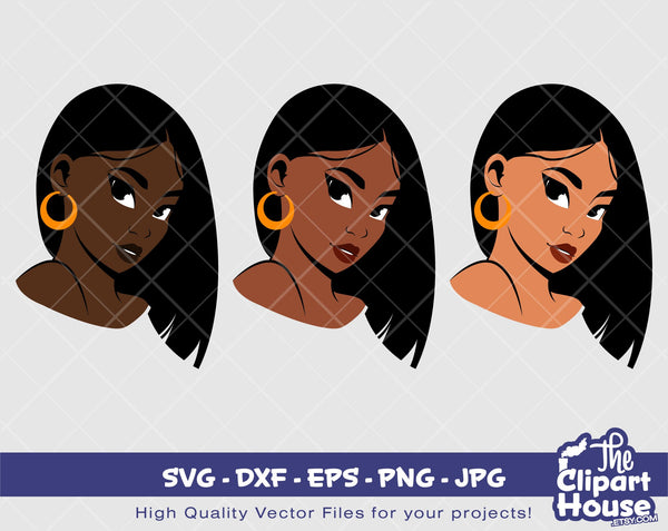 Straight Hair Side Angle Woman | Digital SVG - DXF - EPS - png - Jpg | Instant Download | african american svg, black kid svg,afro child svg - The Clipart House