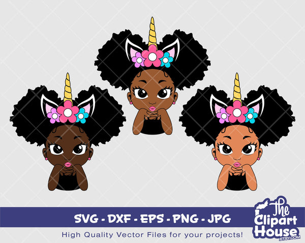 Unicorn Girl | Digital SVG - DXF - EPS - png - Jpg | Instant Download | african american svg, black kid svg, afro child svg, unicorn