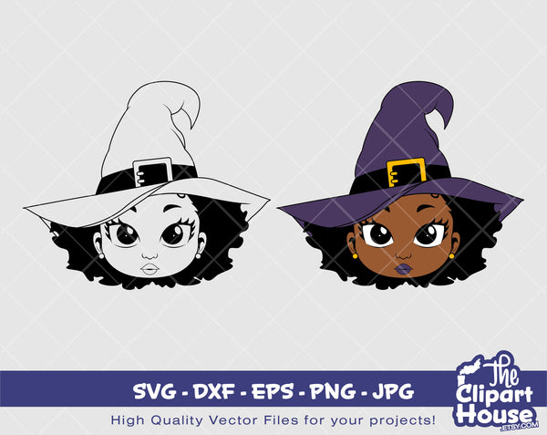 Halloween Witch Face | Digital SVG - DXF - EPS - png - Jpg | Instant Download | african american svg, black kid svg, afro child, spooky