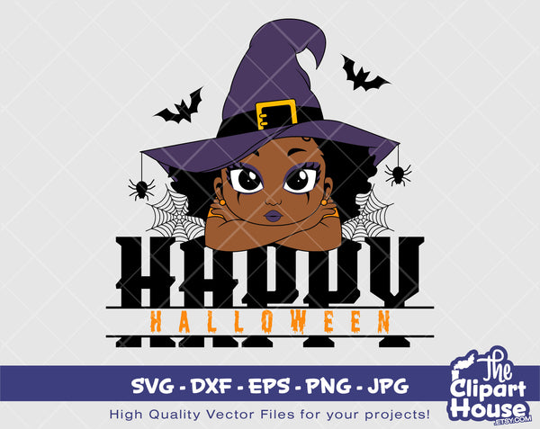 Happy Halloween Witch Girl | Digital SVG - DXF - EPS - png - Jpg | Instant Download | african american svg,black kid svg, afro child, spooky