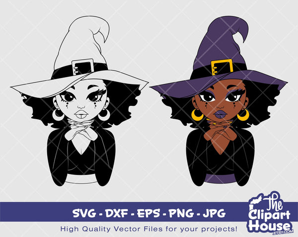 Halloween Witch Woman | Digital SVG - DXF - EPS - png - Jpg | Instant Download | african american svg, black kid svg, afro child, spooky