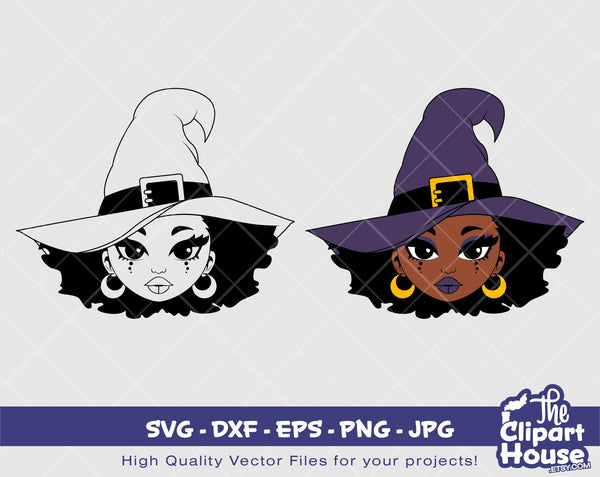 Halloween Witch Woman Face | Digital SVG - DXF - EPS - png - Jpg | Instant Download | african american svg, black kid svg, afro child,spooky