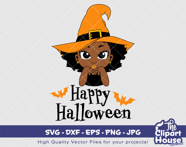 Happy Halloween Girl | Digital SVG - DXF - EPS - png - Jpg | Instant Download | african american svg, black kid svg, afro child, spooky