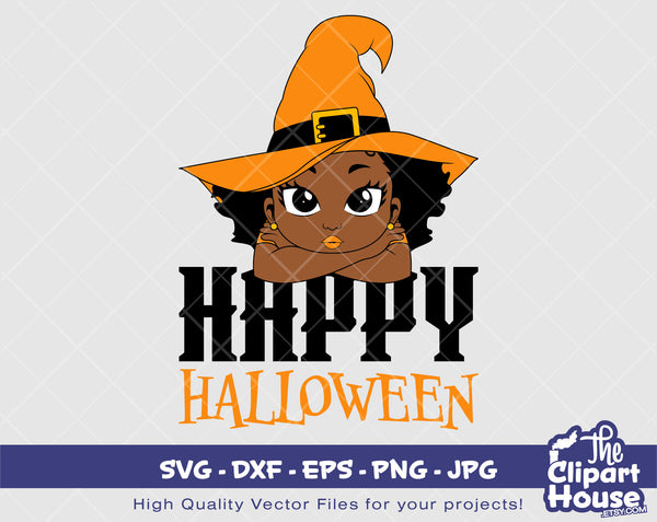 Happy Halloween Girl 2 | Digital SVG - DXF - EPS - png - Jpg | Instant Download | african american svg, black kid svg, afro child, spooky