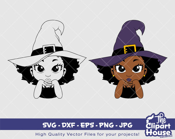 Halloween Witch Girl | Digital SVG - DXF - EPS - png - Jpg | Instant Download | african american svg, black kid svg, afro child, spooky