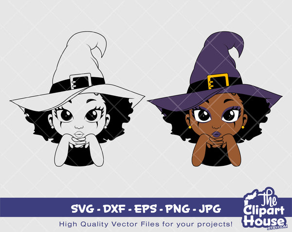 Halloween Witch Girl 2 | Digital SVG - DXF - EPS - png - Jpg | Instant Download | african american svg, black kid svg, afro child, spooky