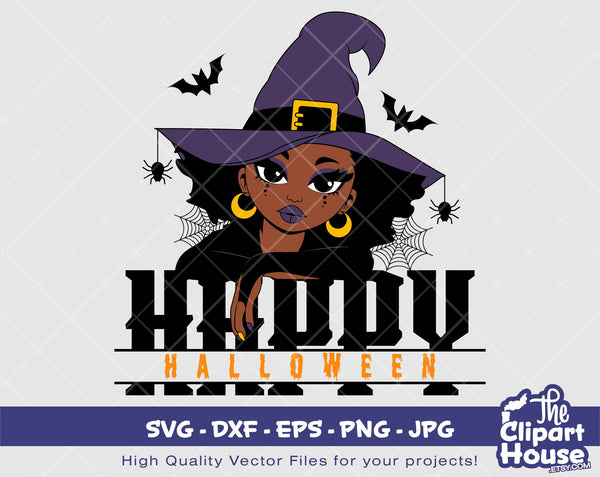 Happy Halloween Witch Woman | Digital SVG - DXF - EPS - png - Jpg | Instant Download | african american svg, black kid svg,afro child,spooky