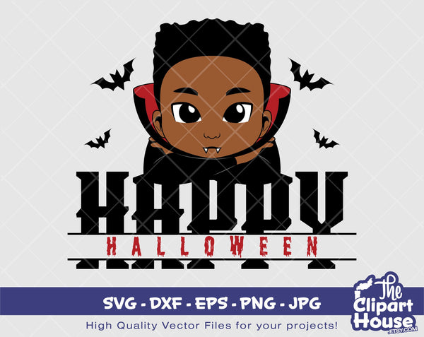 Happy Halloween Vampire Boy | Digital SVG - DXF - EPS - png - Jpg | Instant Download | african american svg, black kid svg, afro child