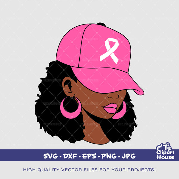 Breast Cancer Black Woman Cap, cancer research svg, cancer ribbon svg, cancer awareness svg, black woman svg, afro woman svg