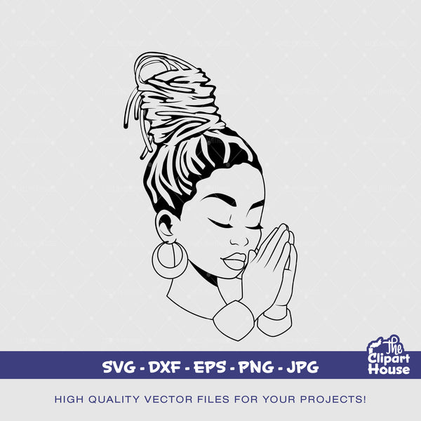 Praying Hands Black Locs Woman Silhouette, african american svg, black woman svg, afro svg,faith svg, religion svg, angel woman svg