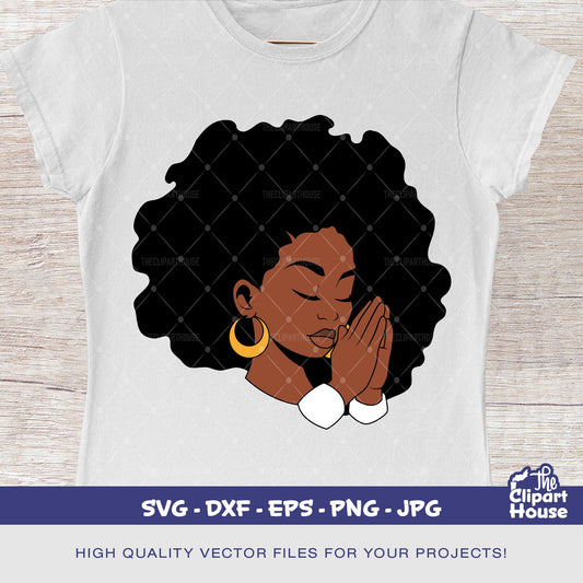 Praying Hands Afro Black Woman, african american svg, black woman svg, afro svg,faith svg, religion svg, angel woman svg