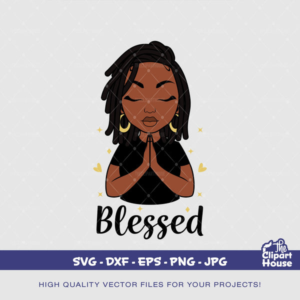 Blessed Praying Locs Woman, african american svg, black woman svg, faith svg, religion svg, hope svg, praying hands, praying woman svg