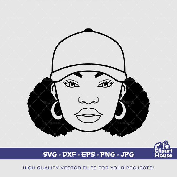 Afro Puff Young Woman Cap Outline, african american svg, black woman svg, afro girl svg, black girl magic svg, black queen svg