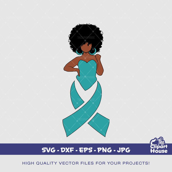 Ovarian Cancer Woman Pose 2, cancer research svg, cancer ribbon svg, cancer awareness svg, black woman svg, afro woman svg