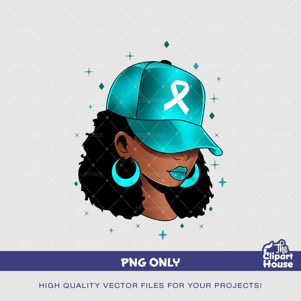 Ovarian Cancer Black Woman Cap, cancer research png, cancer ribbon png, cancer awareness png, black woman png, afro woman png