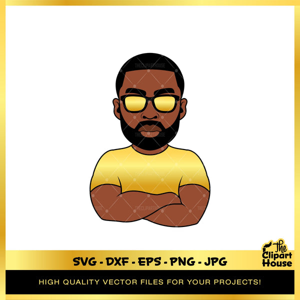 Arms Crossed Sunglasses Black Man Gold, african american svg, black man svg, bearded man svg, black excellence svg, melanin svg, dope svg