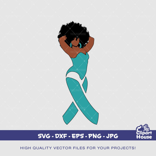 Ovarian Cancer Woman Pose, cancer research svg, cancer ribbon svg, cancer awareness svg, black woman svg, afro woman svg