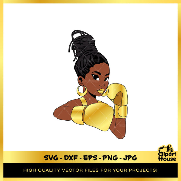 Black Locs Woman Fighter Gold, african american svg, black woman svg, black girl svg, melanin svg, afro girl svg