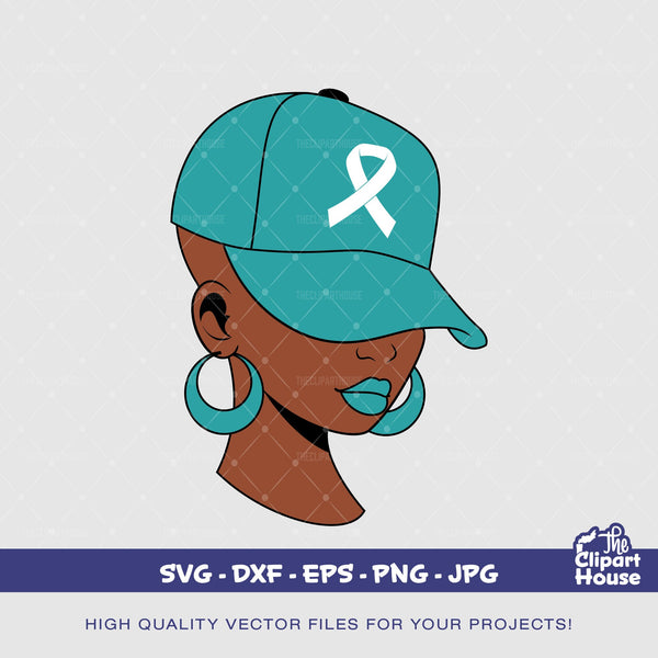 Ovarian Cancer Black Woman Cap 2, cancer research svg, cancer ribbon svg, cancer awareness svg, black woman svg, afro woman svg