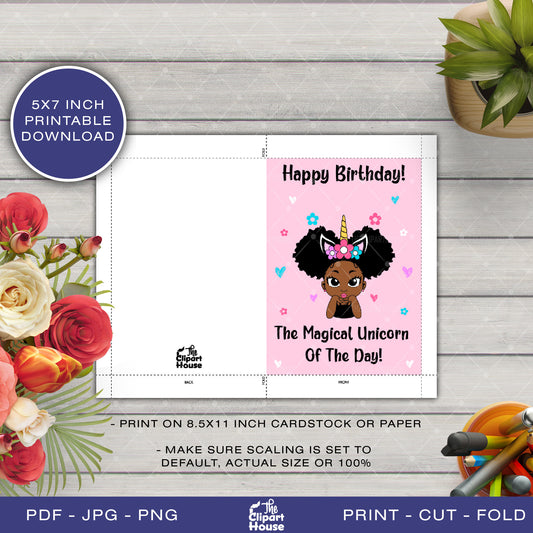 Happy Birthday Unicorn Girl Printable Card , 5x7 printable card, black girl card, happy birthday card