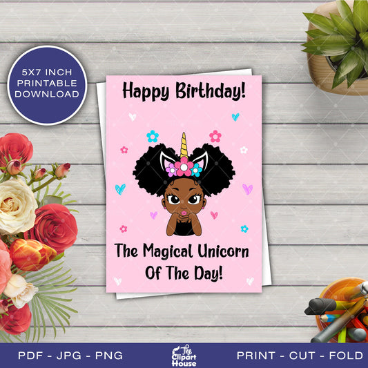 Happy Birthday Unicorn Girl Printable Card , 5x7 printable card, black girl card, happy birthday card