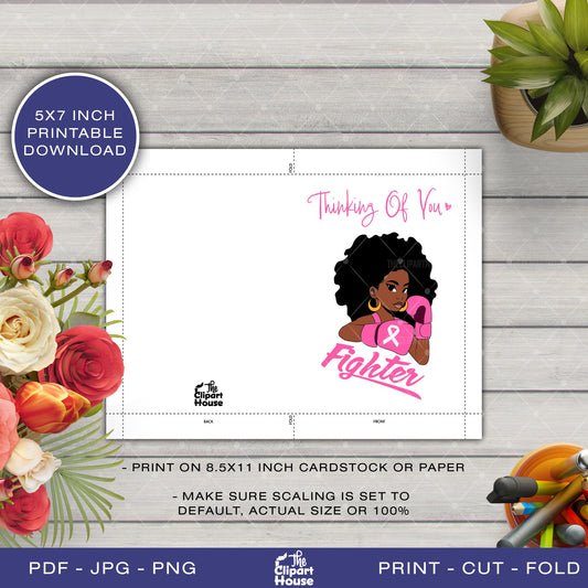 Thinking Of You Fighter Printable Card, cancer research, cancer ribbon svg, cancer awarenes, 5x7 printable card, black girl card