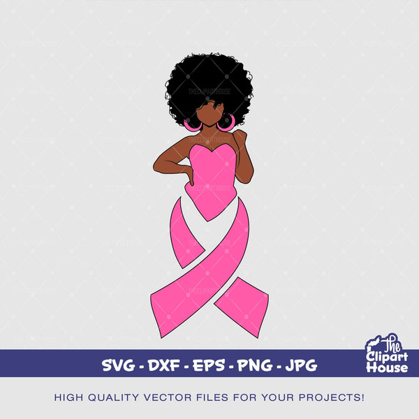 Breast Cancer Woman Pose 2, cancer research svg, cancer ribbon svg, cancer awareness svg, black woman svg, afro woman svg